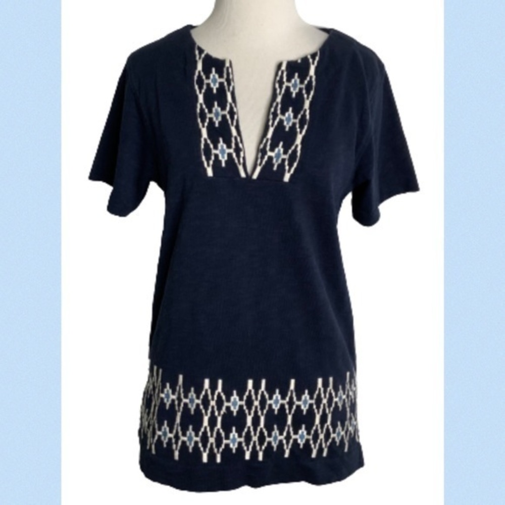 Madewell Navy Blue & White Short Sleeve Aztec Embroidered Casual Top XS